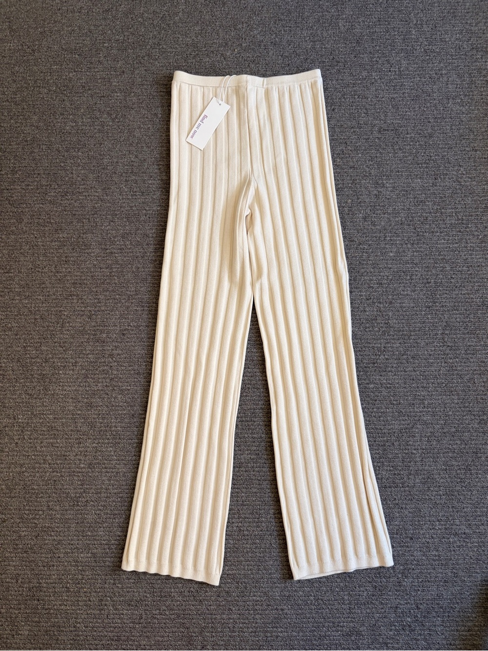 Ribbed Cream Knit Straight-Leg Pants